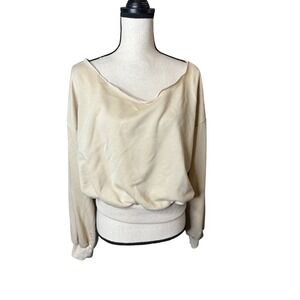 Cream Off The Shoulder Cropped Sweatshirt Slouchy Long Sleeve Pullover Beige